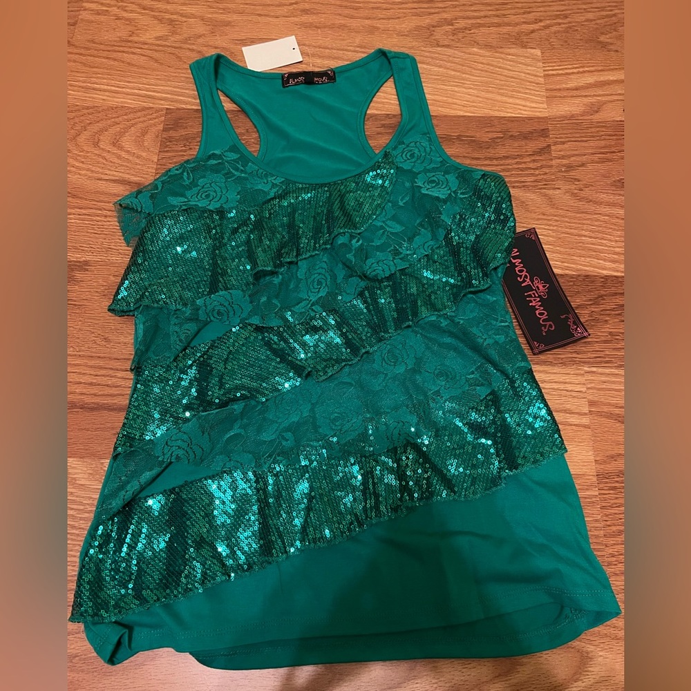 Almost Famous Jade Lace Sequin Tank Tops